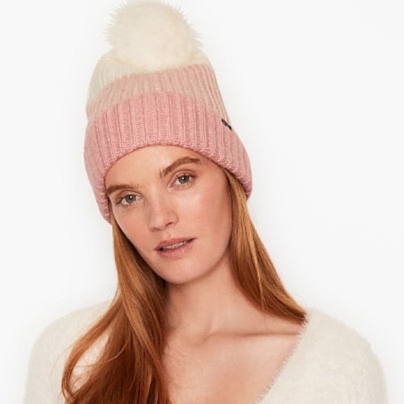 VICTORIA'S SECRET Pink White Beanie Pom Pom Winter Hat - Picture 3 of 6
